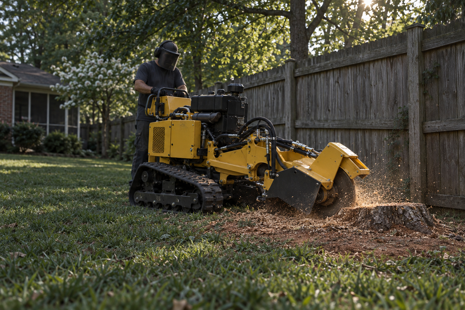 compact tracked machine grinding a stump beside a backyard privacy fence in Lewisville