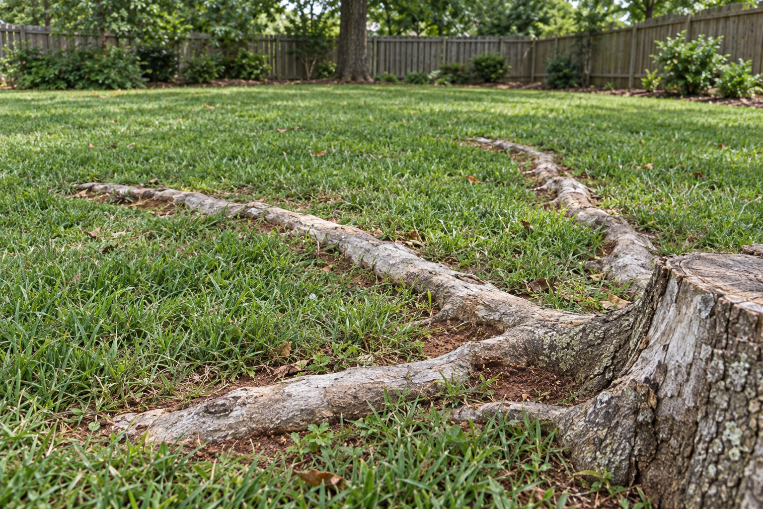 exposed tree roots crossing a lawn beside a stump