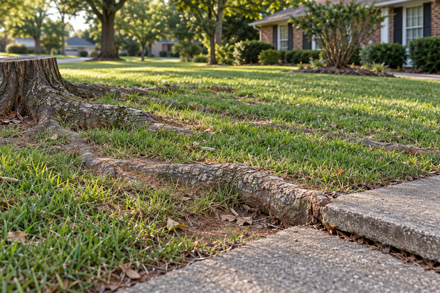 raised tree roots running across a lawn in Lewisville