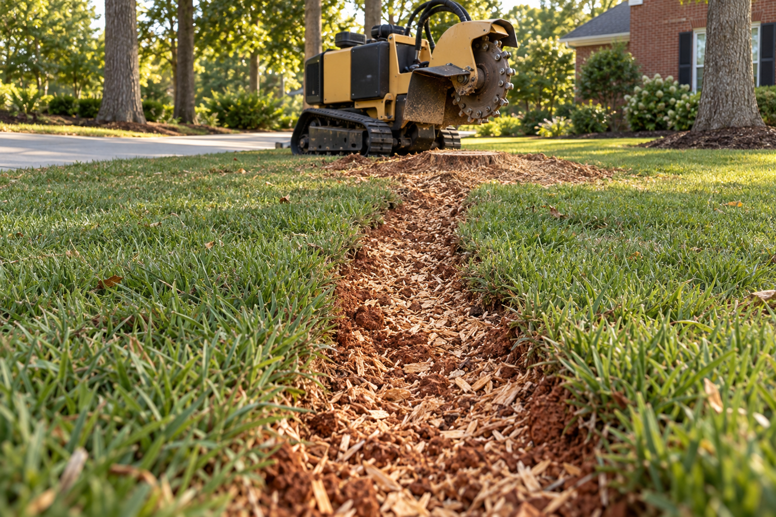 a surface root taken below the lawn grade in a Lewisville yard