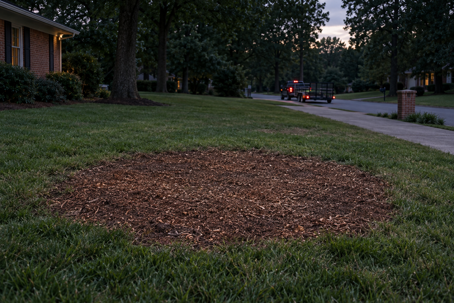 raked level spot in a Lewisville lawn as the grinder trailer leaves at dusk