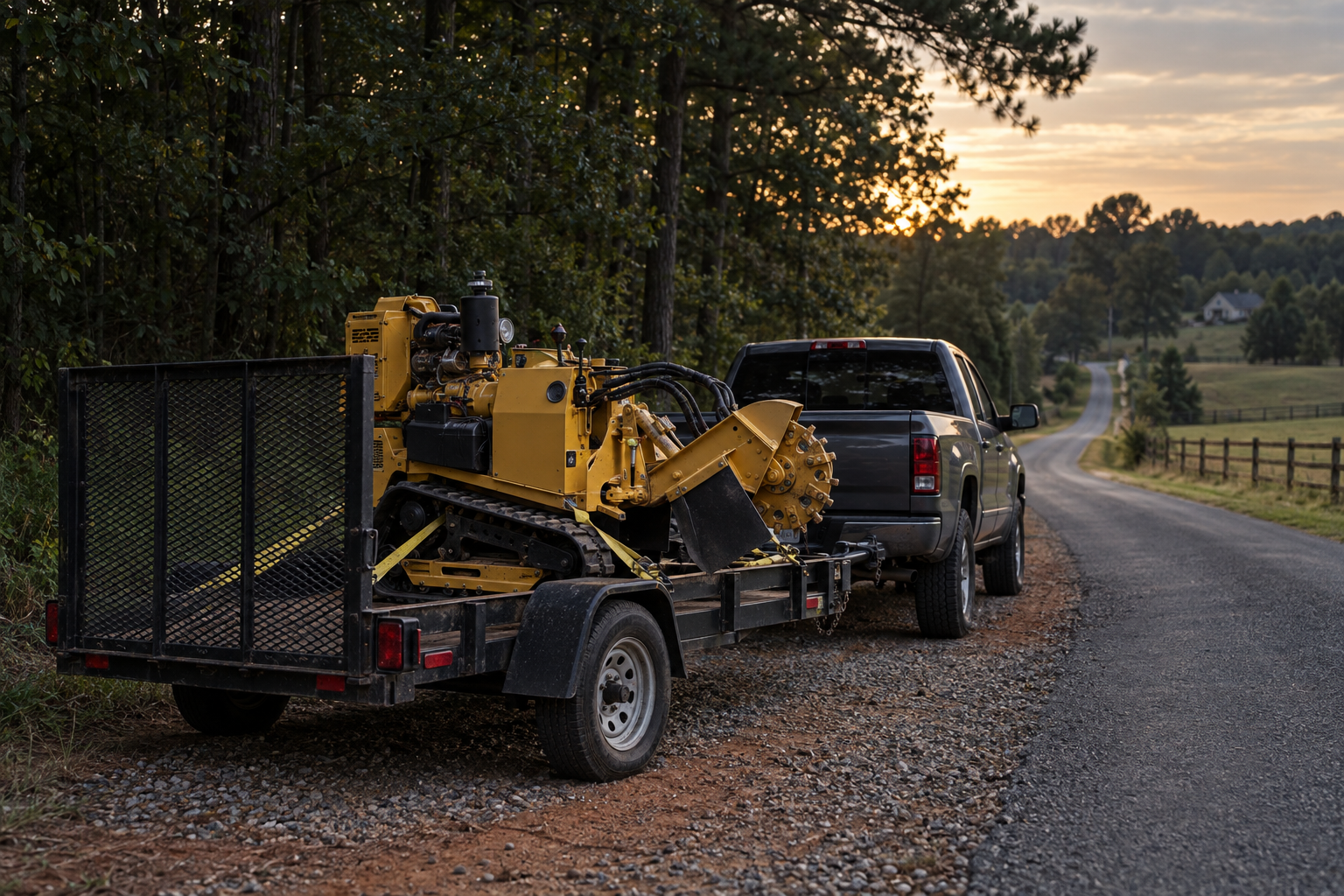 tracked stump grinder on a trailer on a country road outside Lewisville