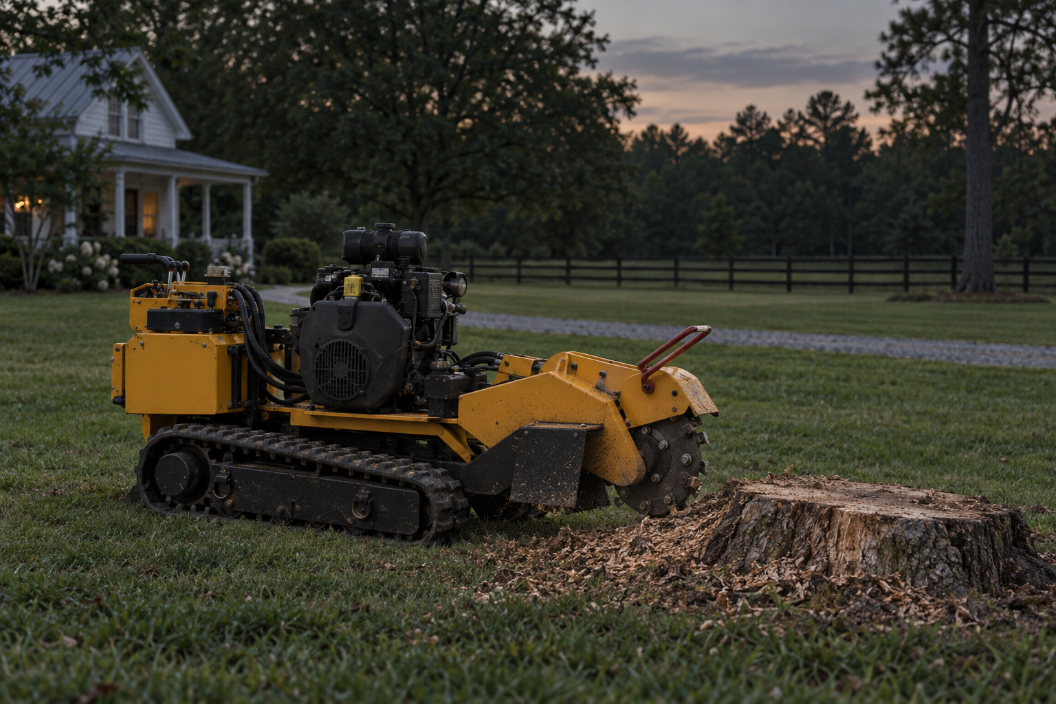 tracked stump grinder parked in a rural yard outside Lewisville at dusk