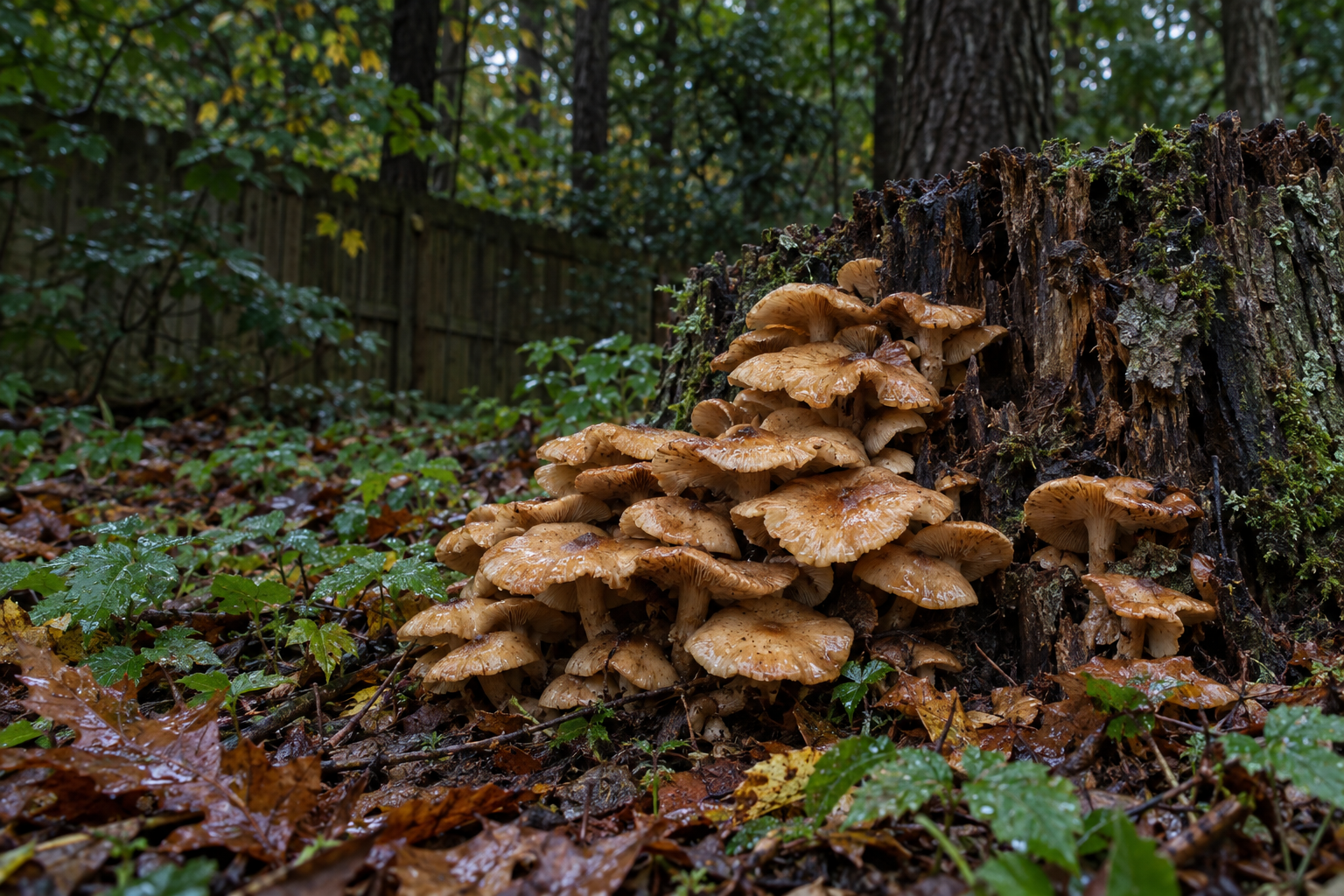 honey fungus mushrooms on a decaying tree stump