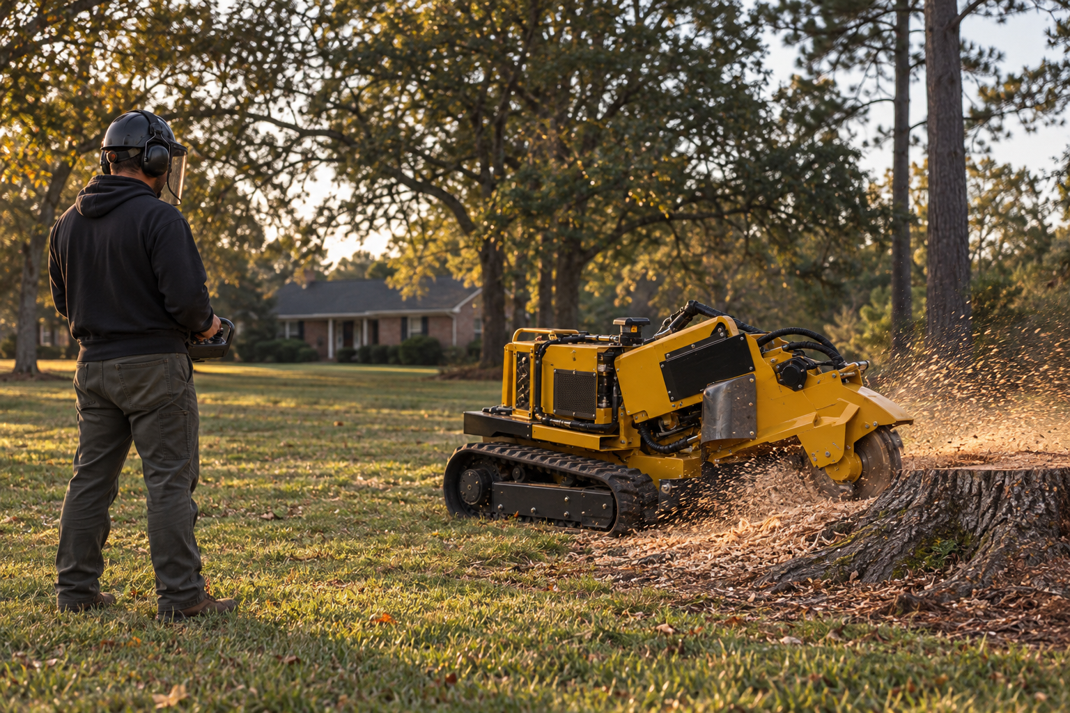 operator working a large stump grinding machine by remote handset from well clear of the wheel