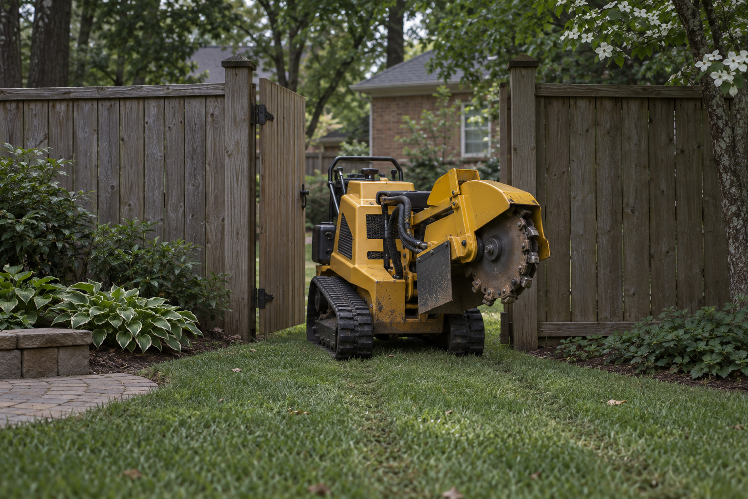 rubber tracks carrying a compact machine through a back yard gate onto turf