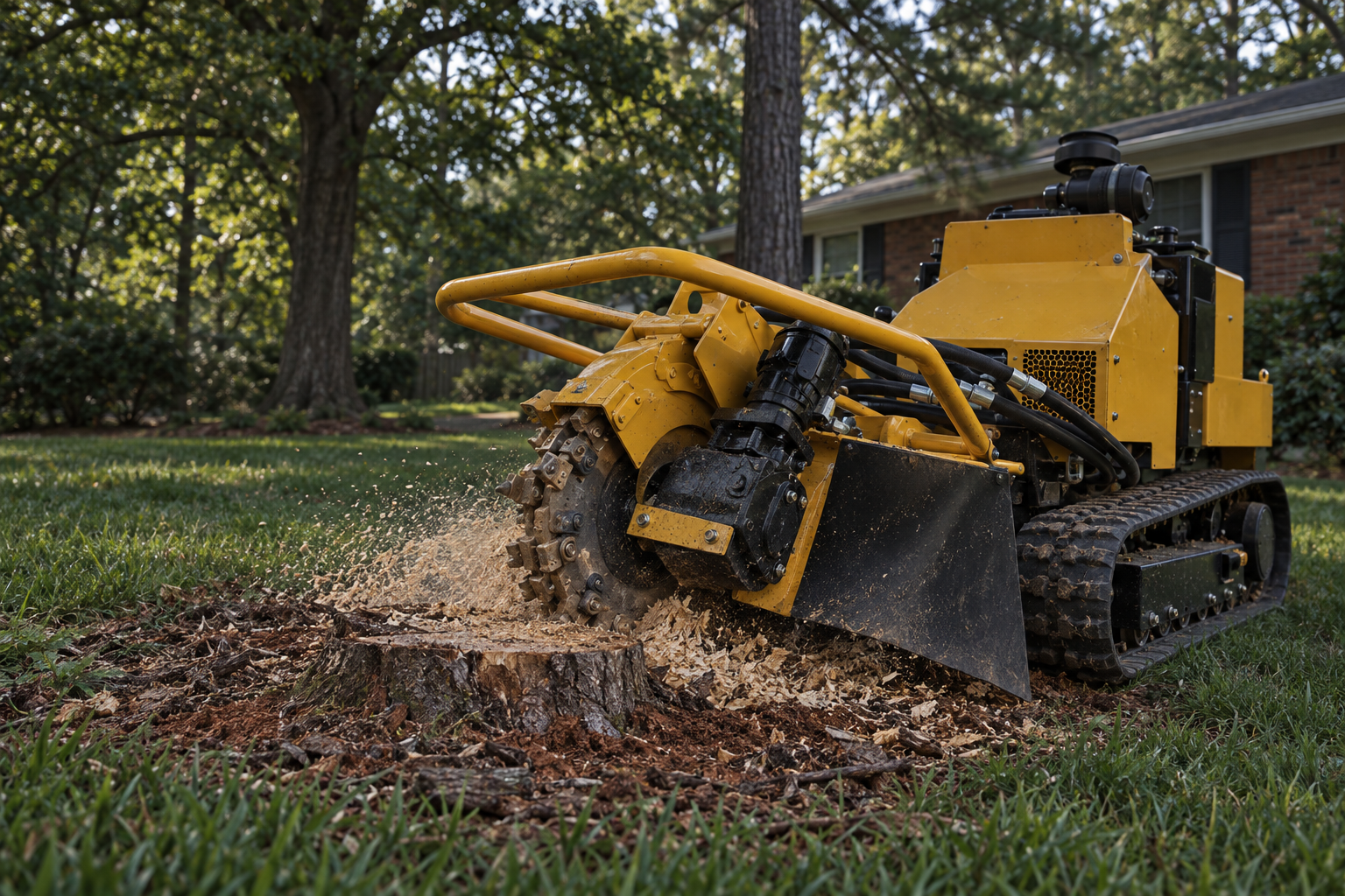 stump grinding machine with its cutting wheel down in a Lewisville lawn
