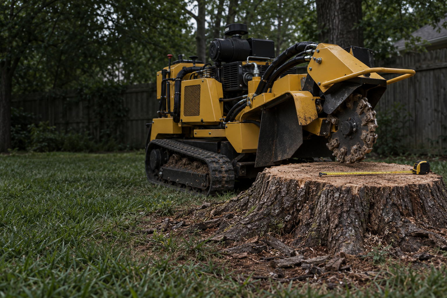 compact tracked grinder parked beside a wide hardwood stump in a Lewisville lawn