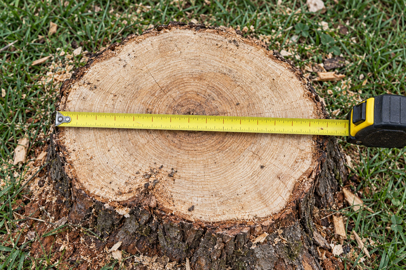 tape measure across the width of a cut tree stump