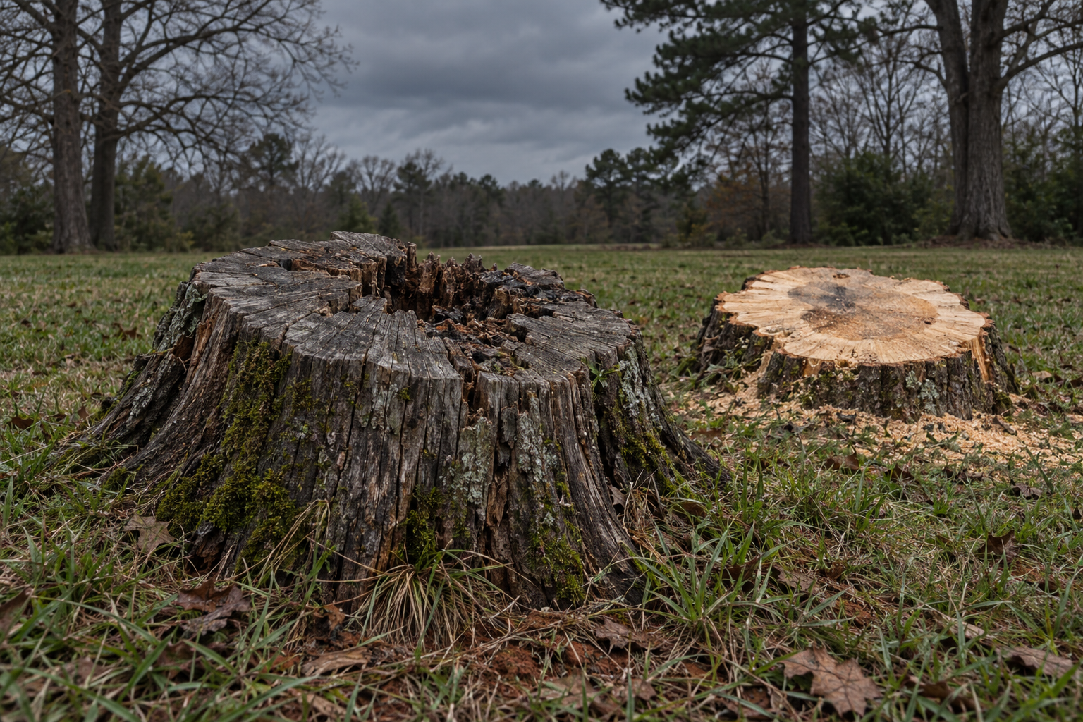 weathered hardwood base with a grey rotted center beside a fresh cut in a Lewisville yard