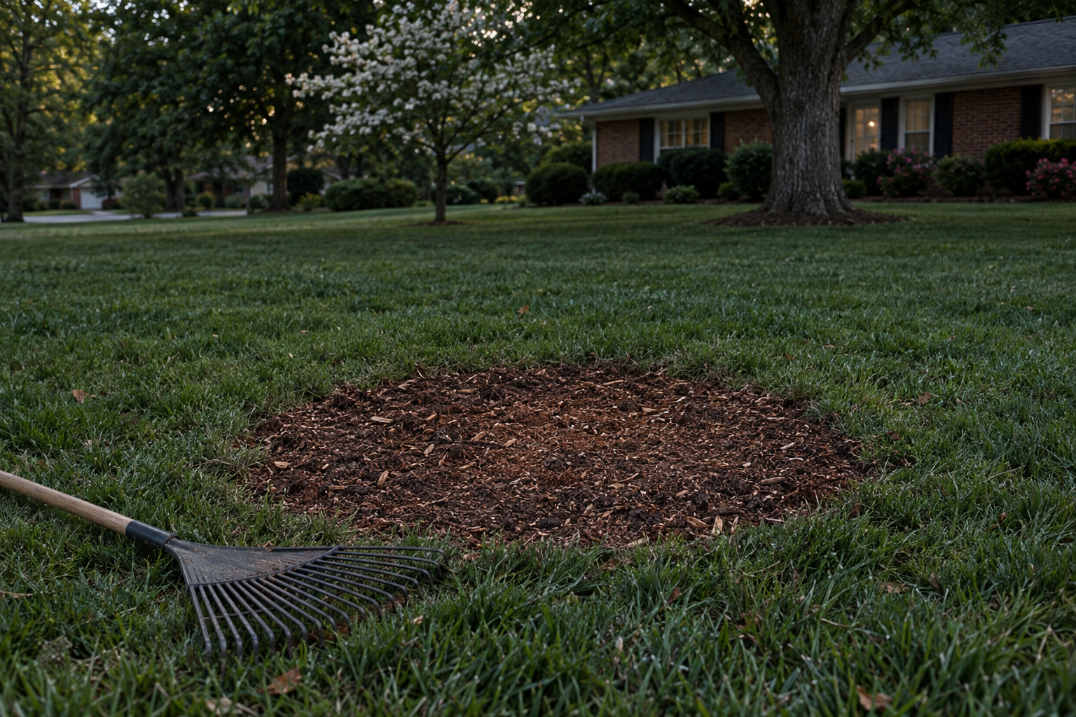 freshly raked spot in a Lewisville lawn ready for seed