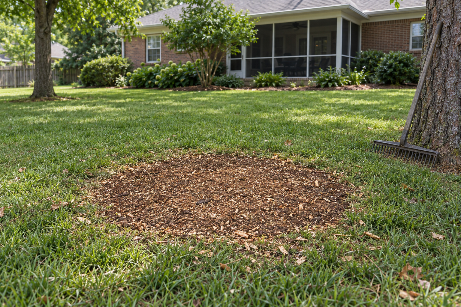 spot where a tree stump was ground out level with turf