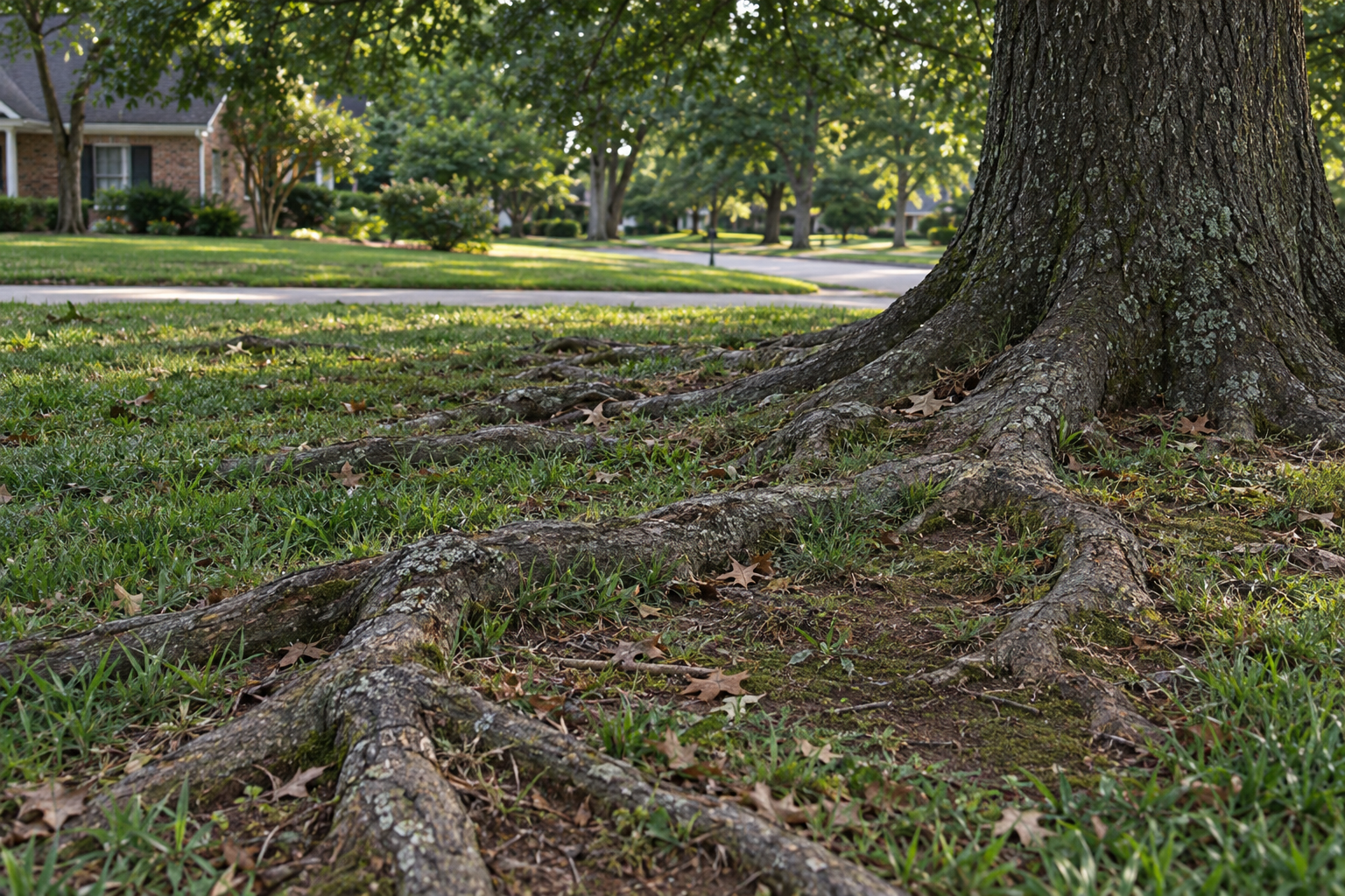 raised surface roots of a tree spreading across a Lewisville lawn