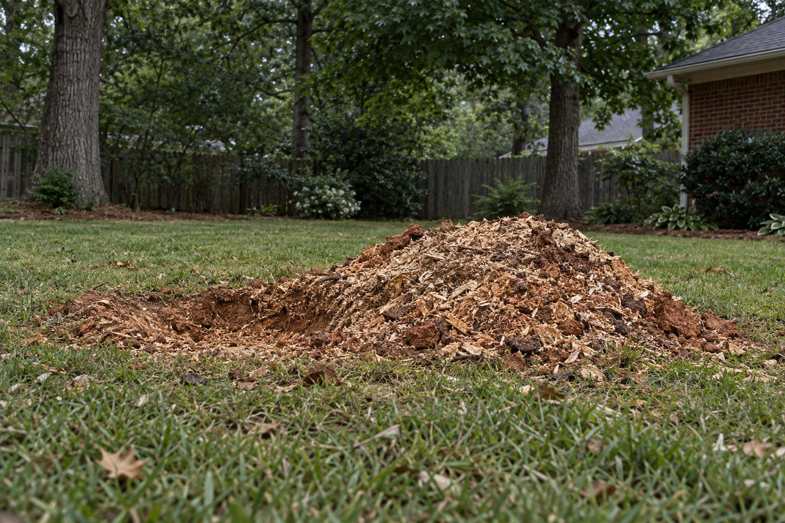 pile of fresh chips beside a tree stump ground below a Lewisville lawn