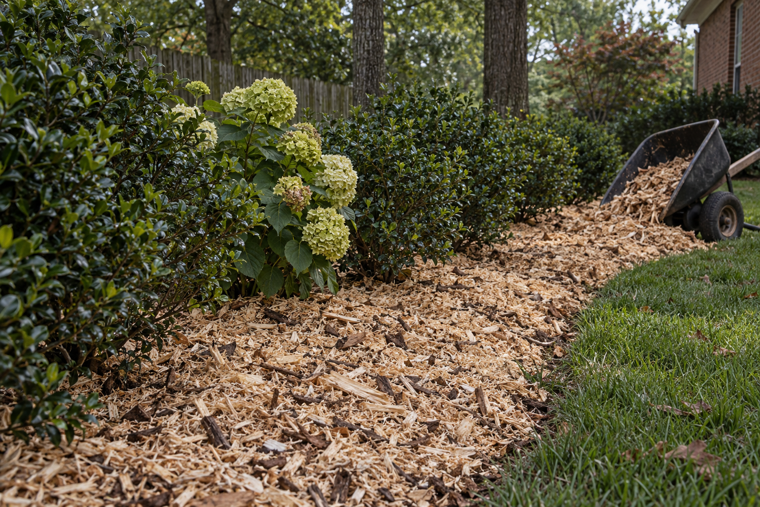 stump grindings spread as mulch on a Lewisville garden bed