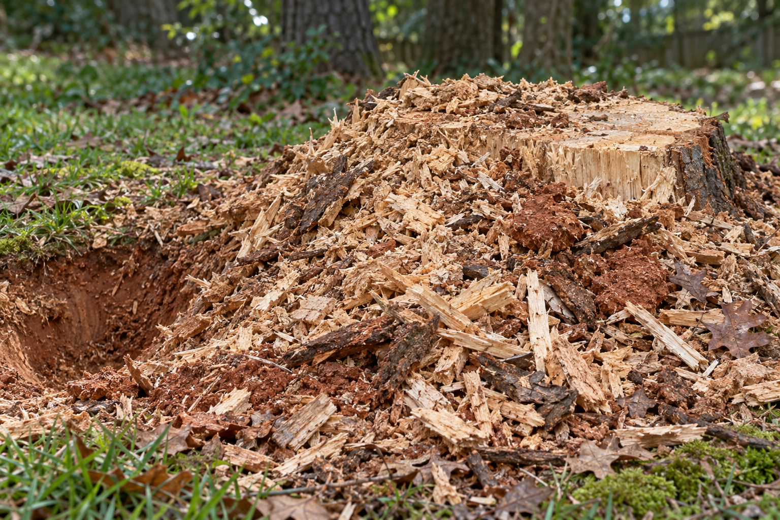 mound of shredded chips and dirt beside a ground stump